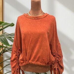 Burnt Orange Long Sleeve Slouchy Boho Top with Adjautable tie sleeves and waist